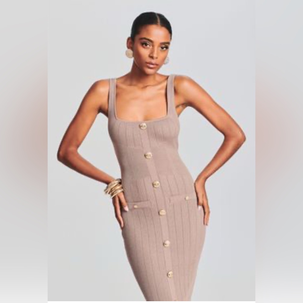 Retrofete Taupe Ribbed Midi Dress with Gold Buttons